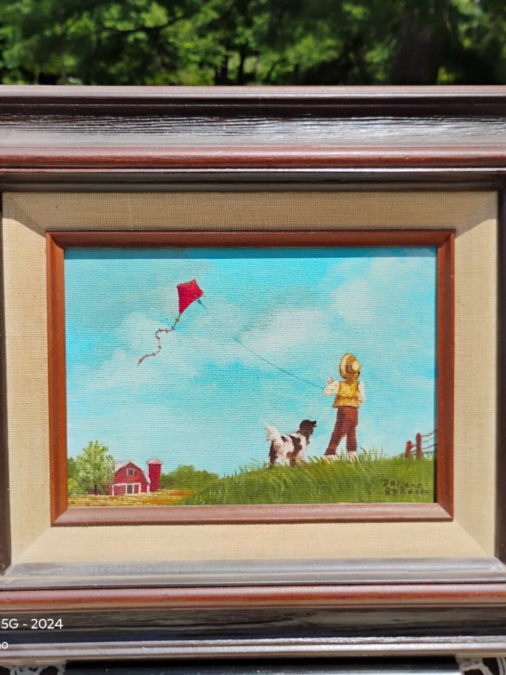 country scene barn with boy flying kite orig framed oil on canvas Darlene Reese